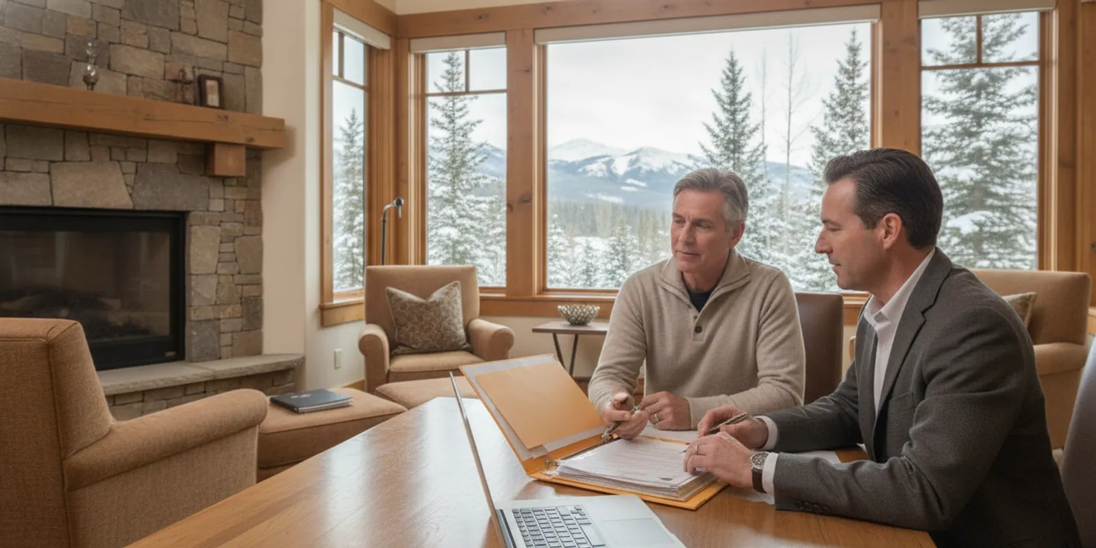 Couple reviewing financial documents with a mortgage professional at a mountain home table