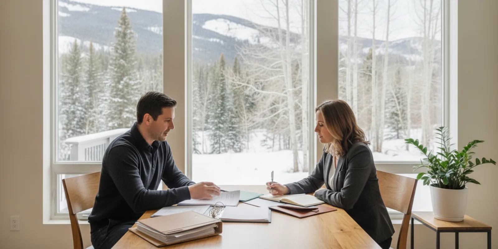 Self-employed buyer reviewing financial records with a mortgage professional