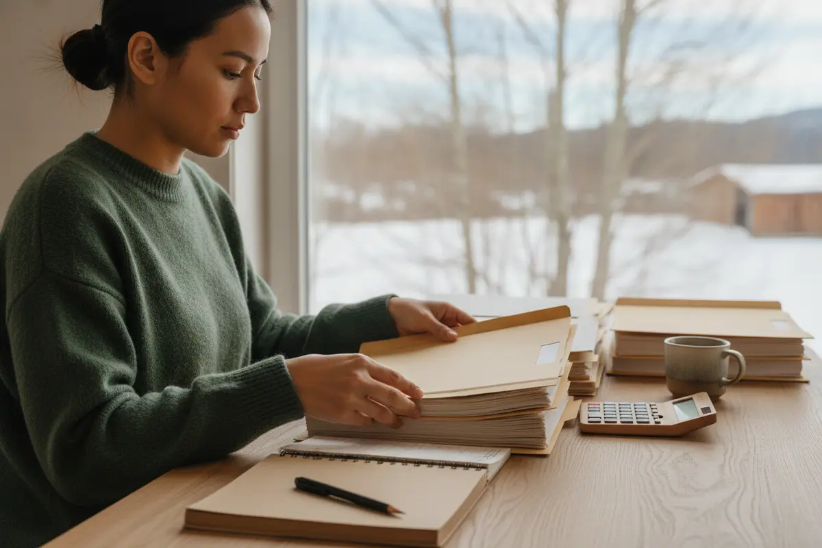 Self-employed buyer organizing income documents for a mortgage review