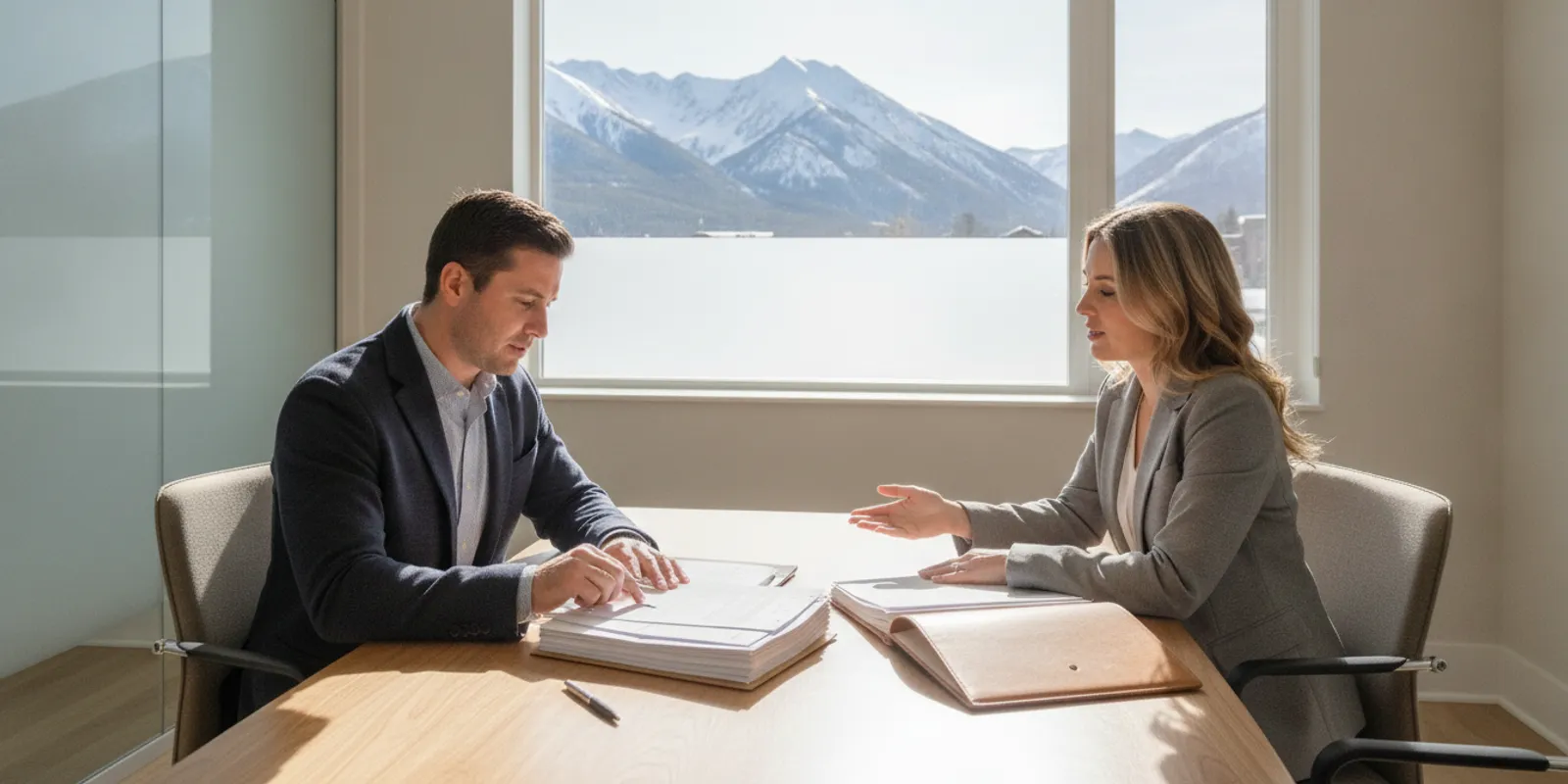 Borrower reviewing employment and income documents with a mortgage professional at a desk