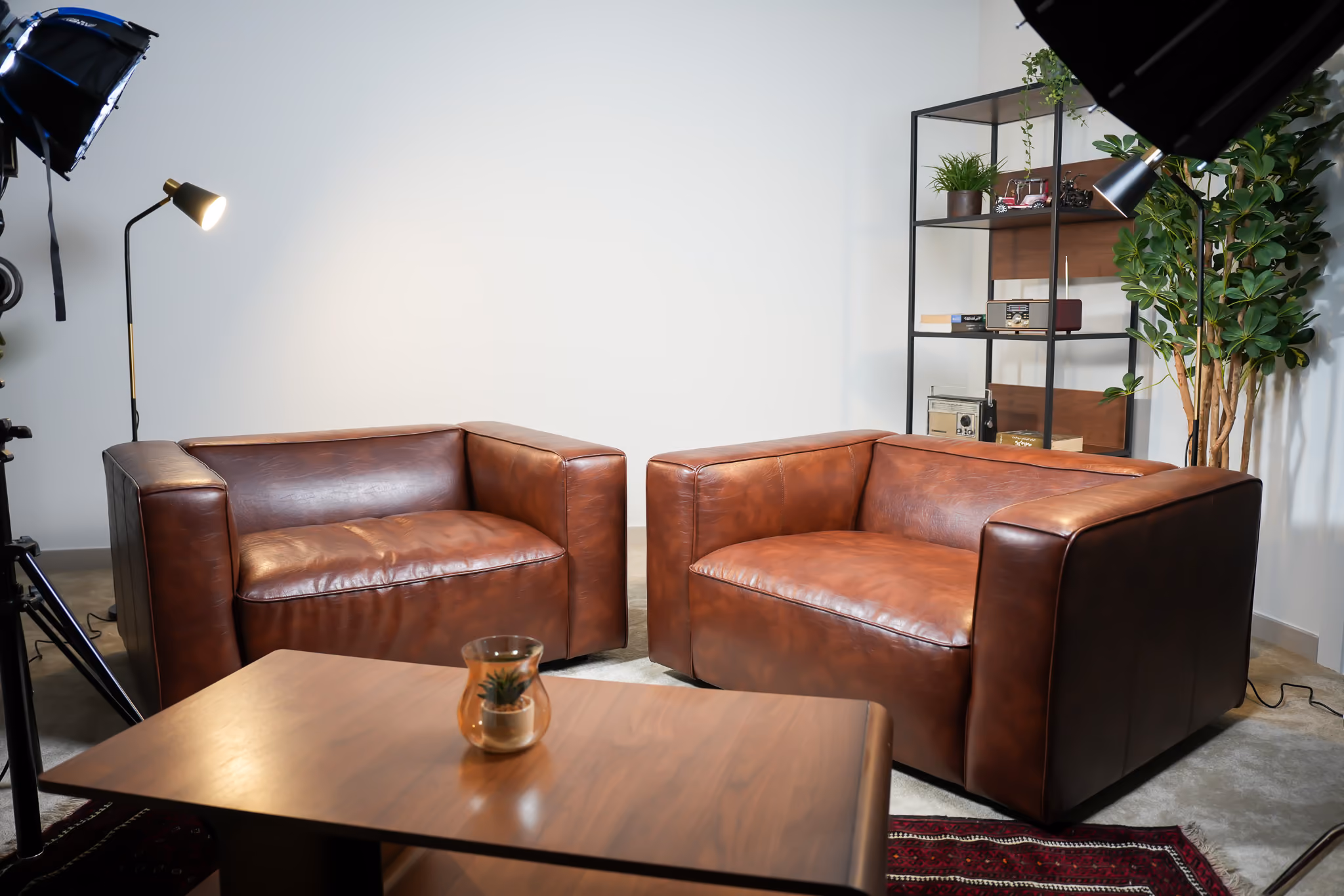 2 Brown chairs made as a retro setup for podcast and content creation