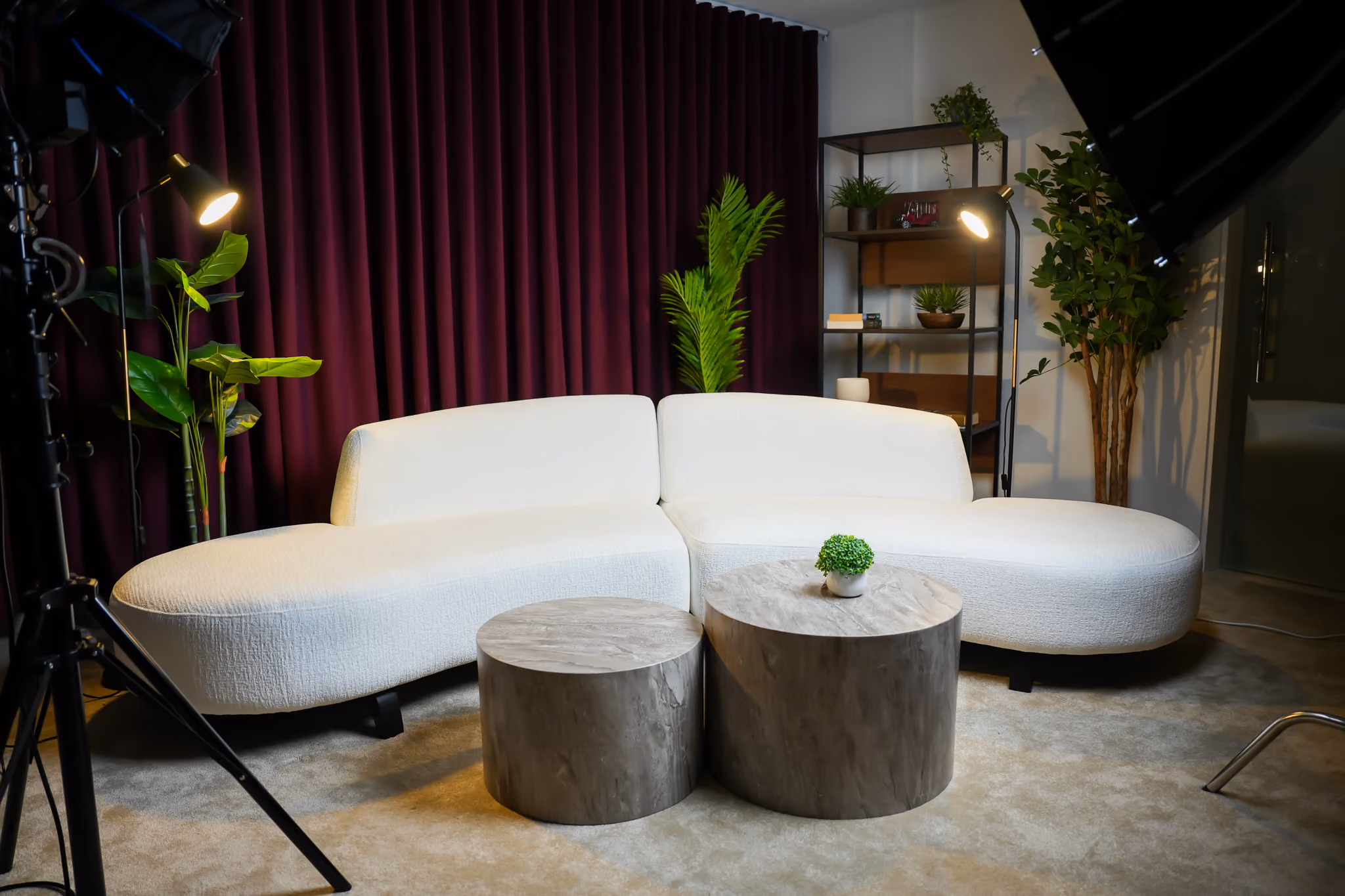 Modern sofa setup with maroon curtains, 2 key lights, plants and a shelf with props