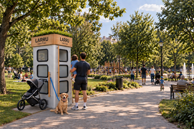 A woman holding a child stands near a small privacy booth labeled 'TINY PRIVACY' on a city sidewalk with a stroller and a dog sitting beside it.