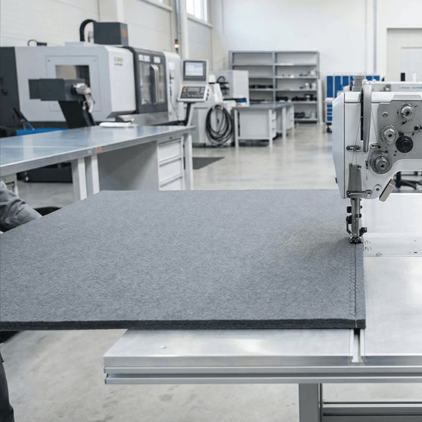 Machine à coudre industrielle assemblant un panneau de feutre gris dans un atelier moderne.