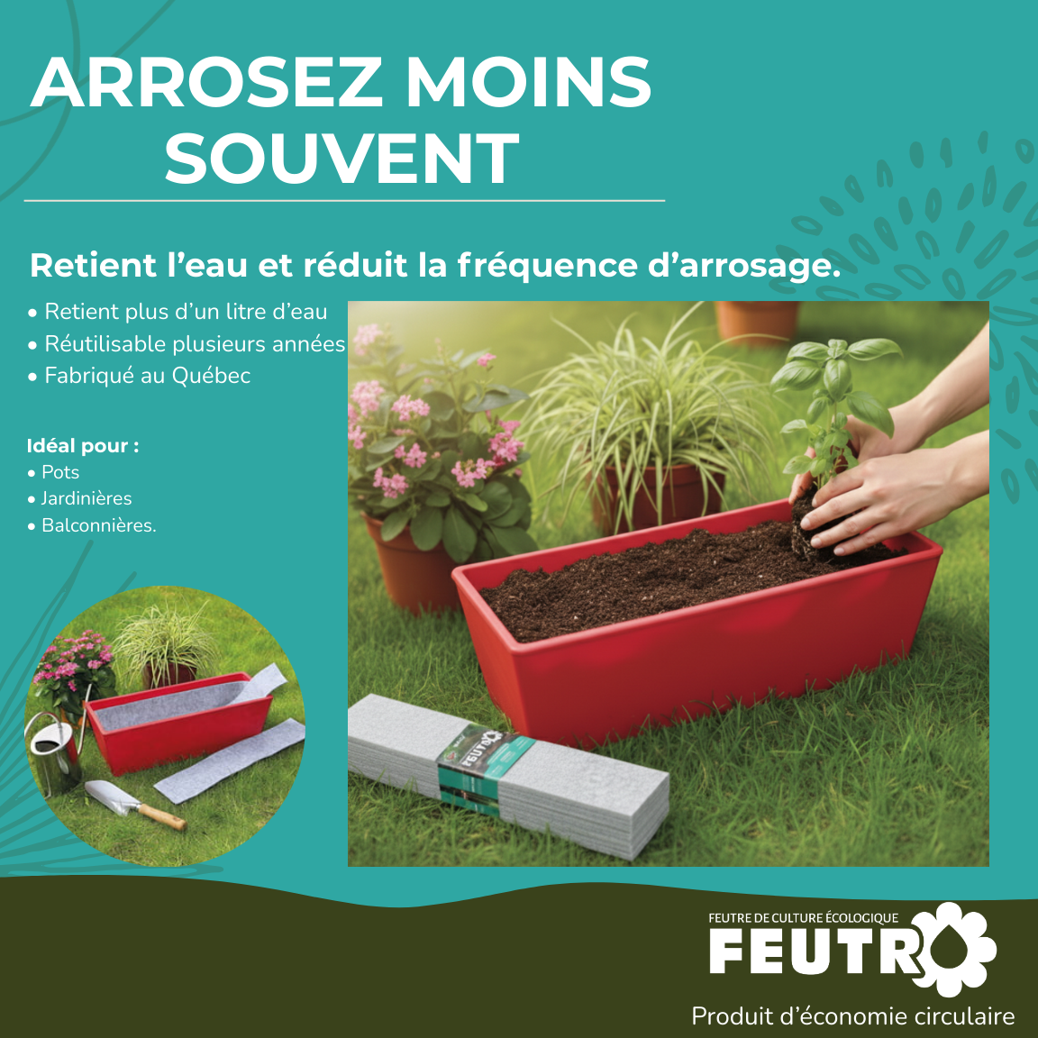 Personne plantant une herbe aromatique dans une jardinière rouge avec un tapis de feutre écologique à côté, entouré de plantes en pots.