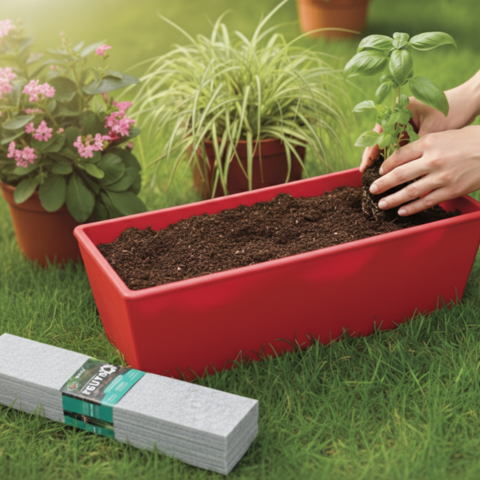 Une personne plante une petite plante verte dans une jardinière rouge remplie de terre, avec des pots de fleurs en arrière-plan sur l'herbe.