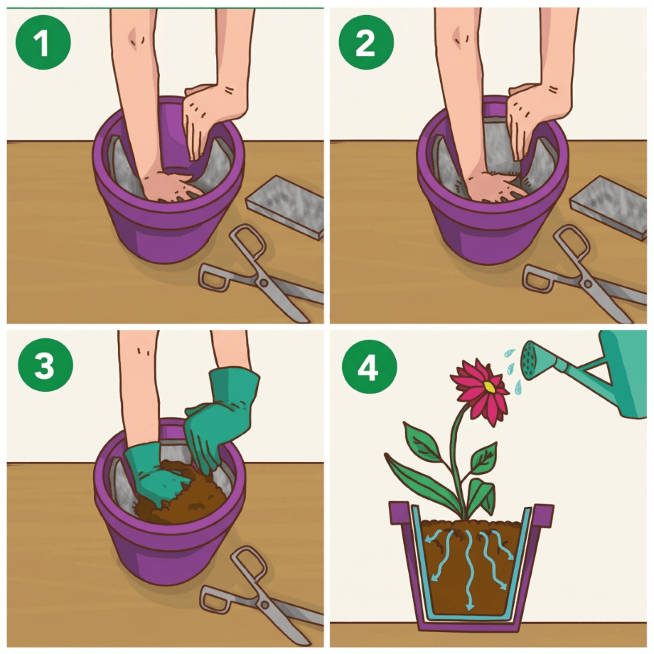 Instructions en quatre étapes: 1) Placer un tissu protecteur dans un pot violet. 2) Ajuster le tissu dans le pot. 3) Remplir le pot de terre avec des gants verts. 4) Arroser une fleur plantée dans le pot montrant le tissu retenant la terre.