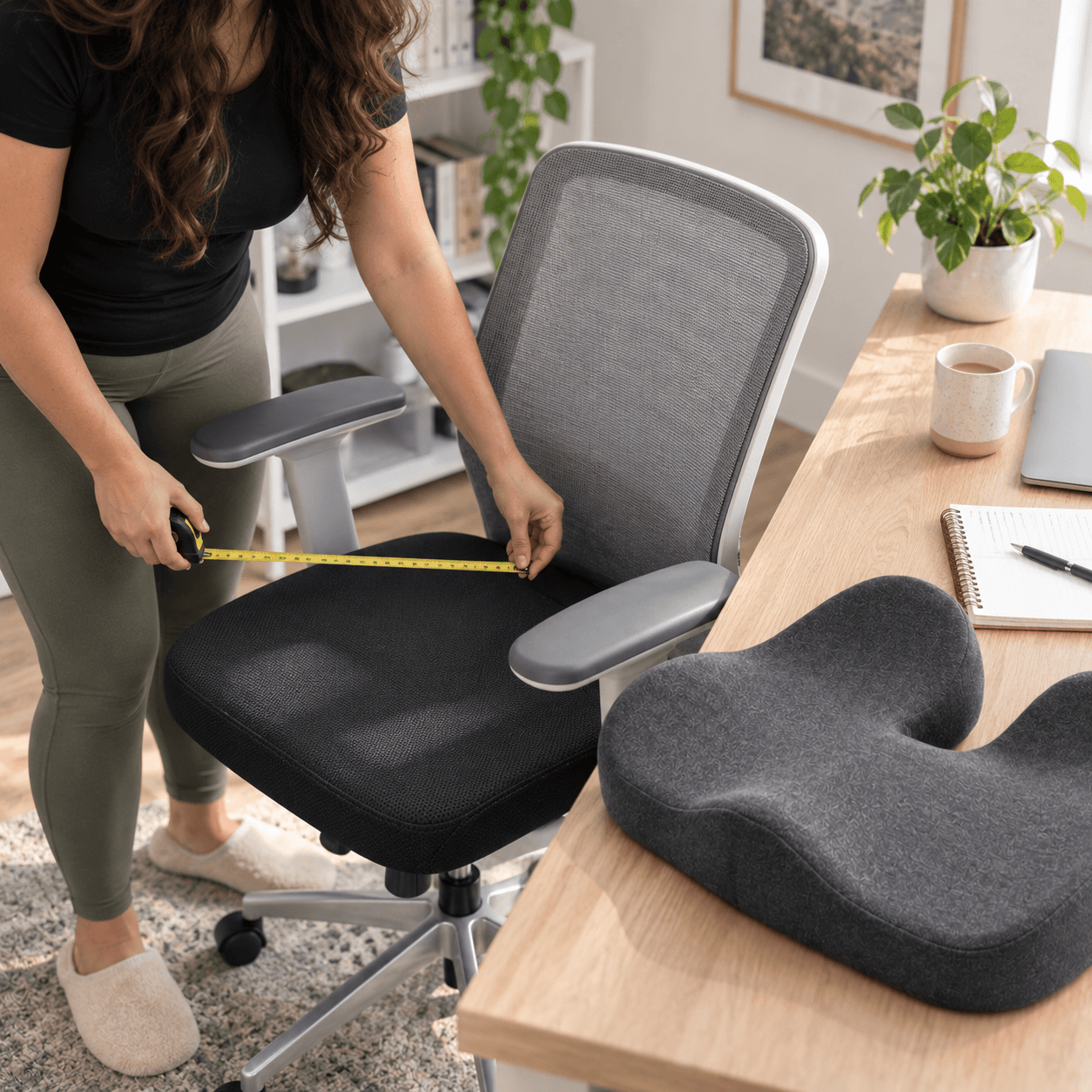 Woman measuring her office-chair seat with the Oasis cushion resting on the nearby desk