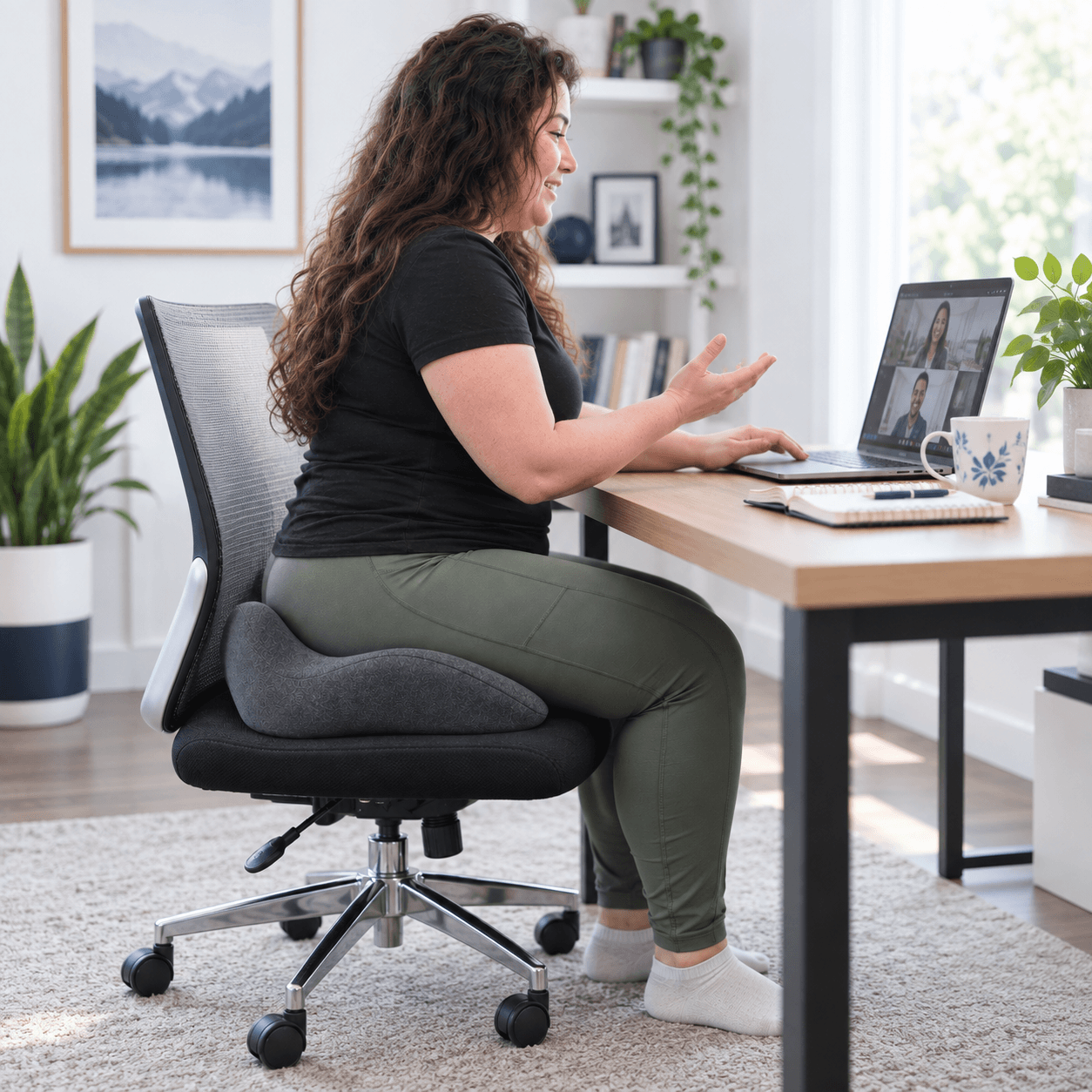 Woman engaged in a video call while seated on the charcoal Oasis cushion