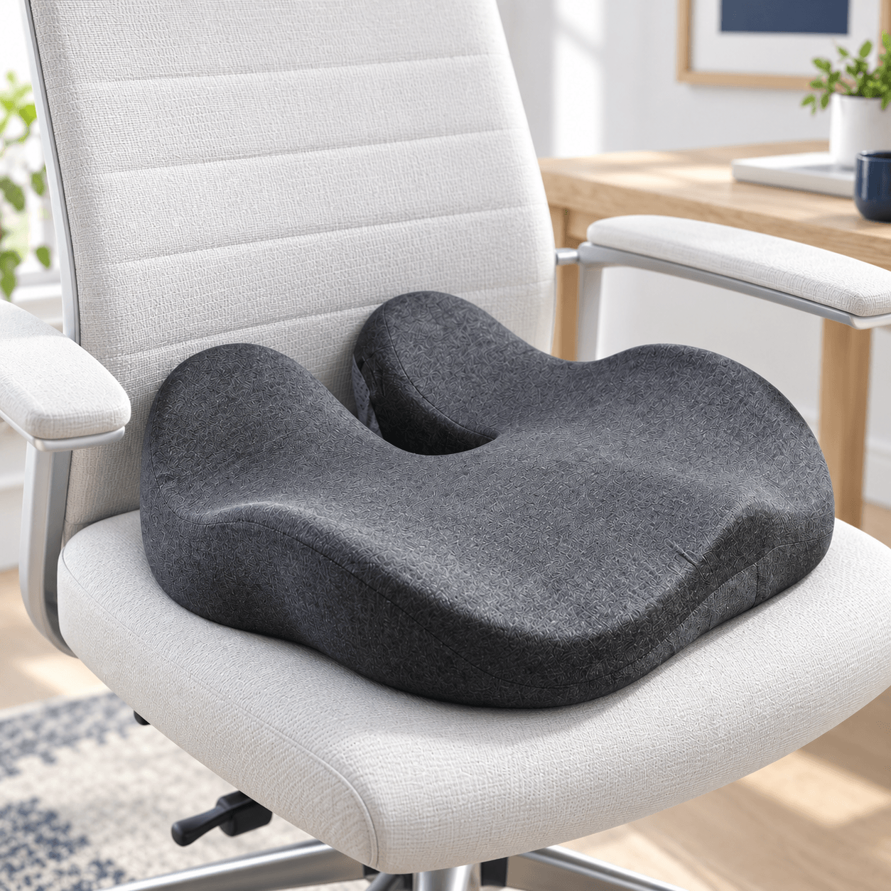 Charcoal Oasis cushion on a pale upholstered chair, showing its sculpted sitting zones and rear-center opening