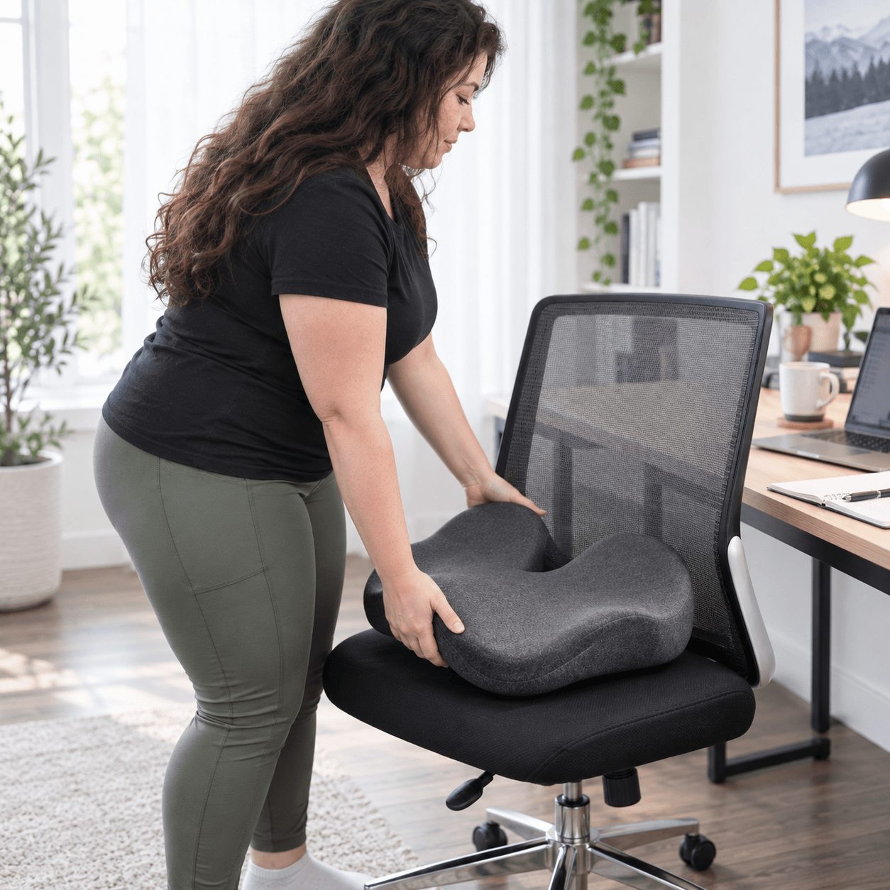 Woman placing the charcoal Oasis cushion onto her office chair at the start of her workday