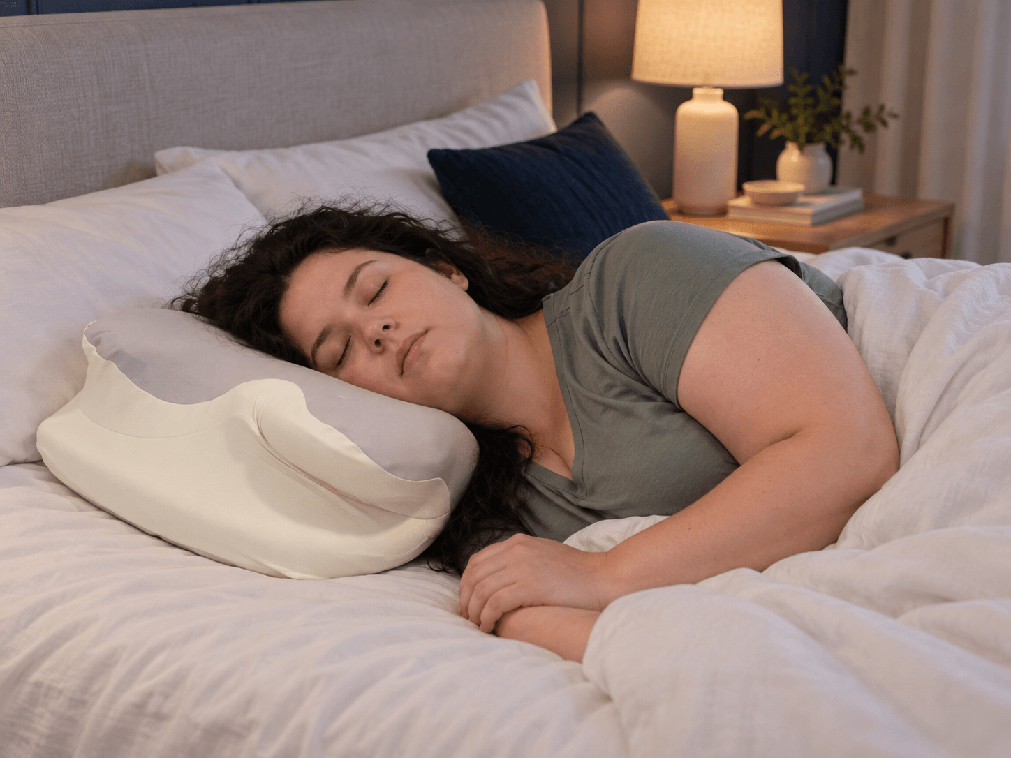 Woman resting on the Oasis cervical neck pillow
