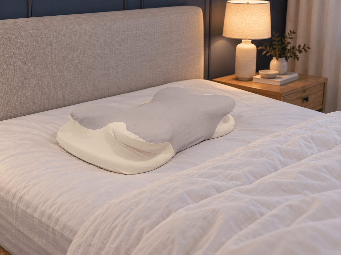 Oasis cervical neck pillow resting on a made bed