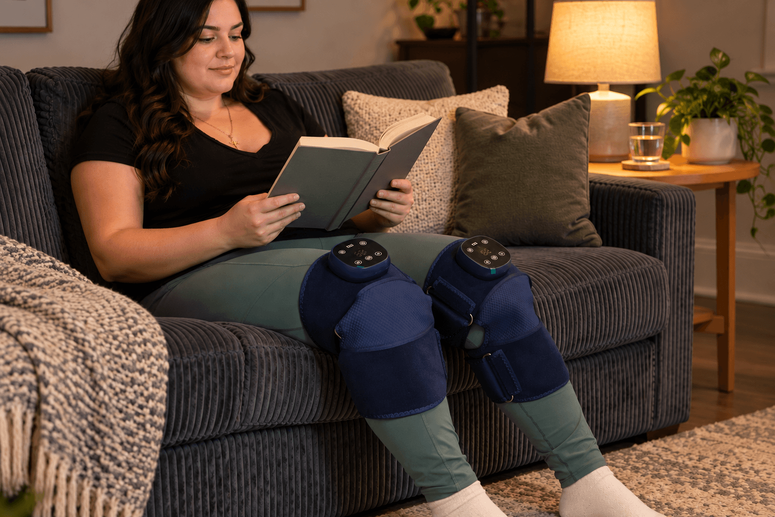 Woman reading on the couch while wearing Oasis on both knees