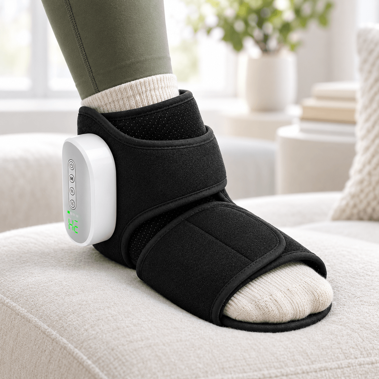 Oasis Foot Relief Wrap worn on one foot with controller visible