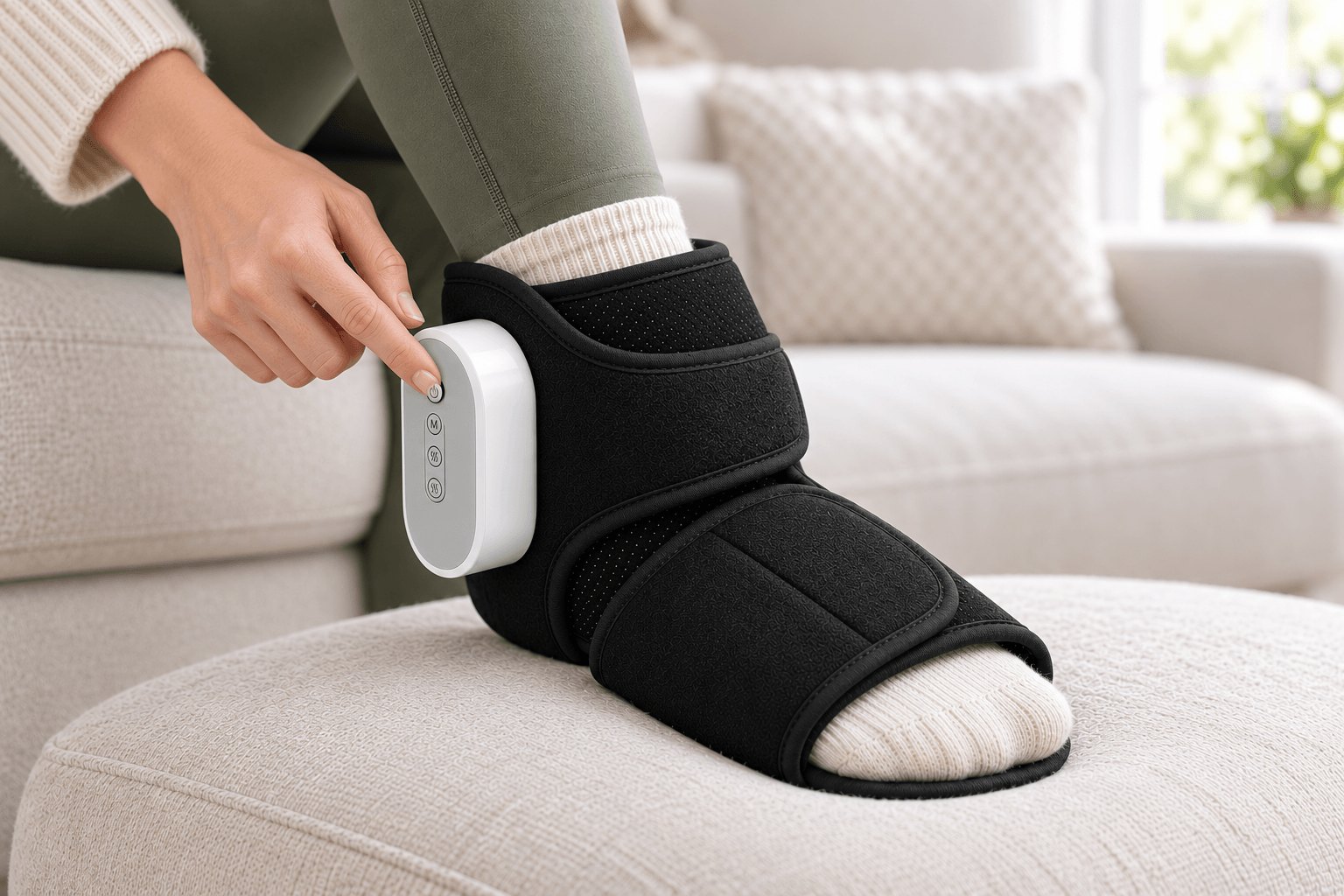 Finger pressing a button on the Oasis Foot Relief Wrap controller