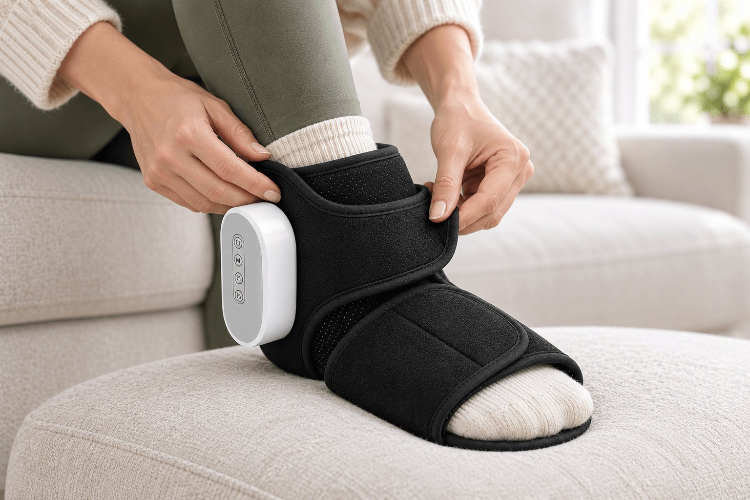 Hands securing the Oasis Foot Relief Wrap strap around a socked foot and ankle