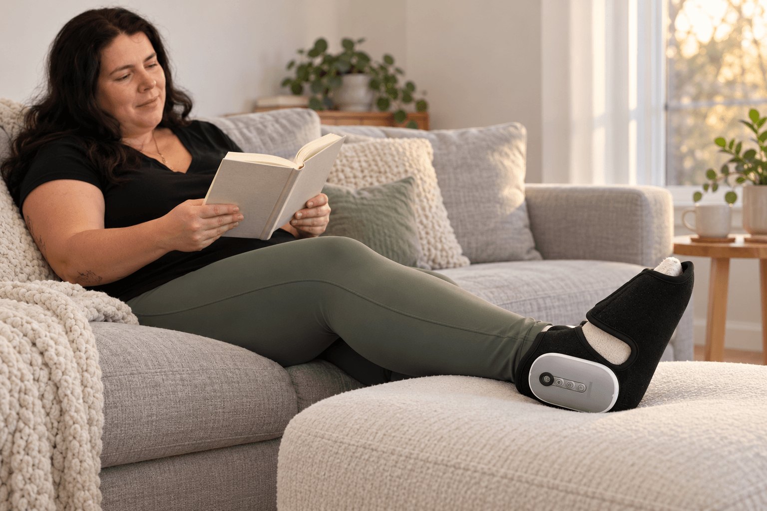 Woman reading on the couch with her foot up in the Oasis Foot Relief Wrap