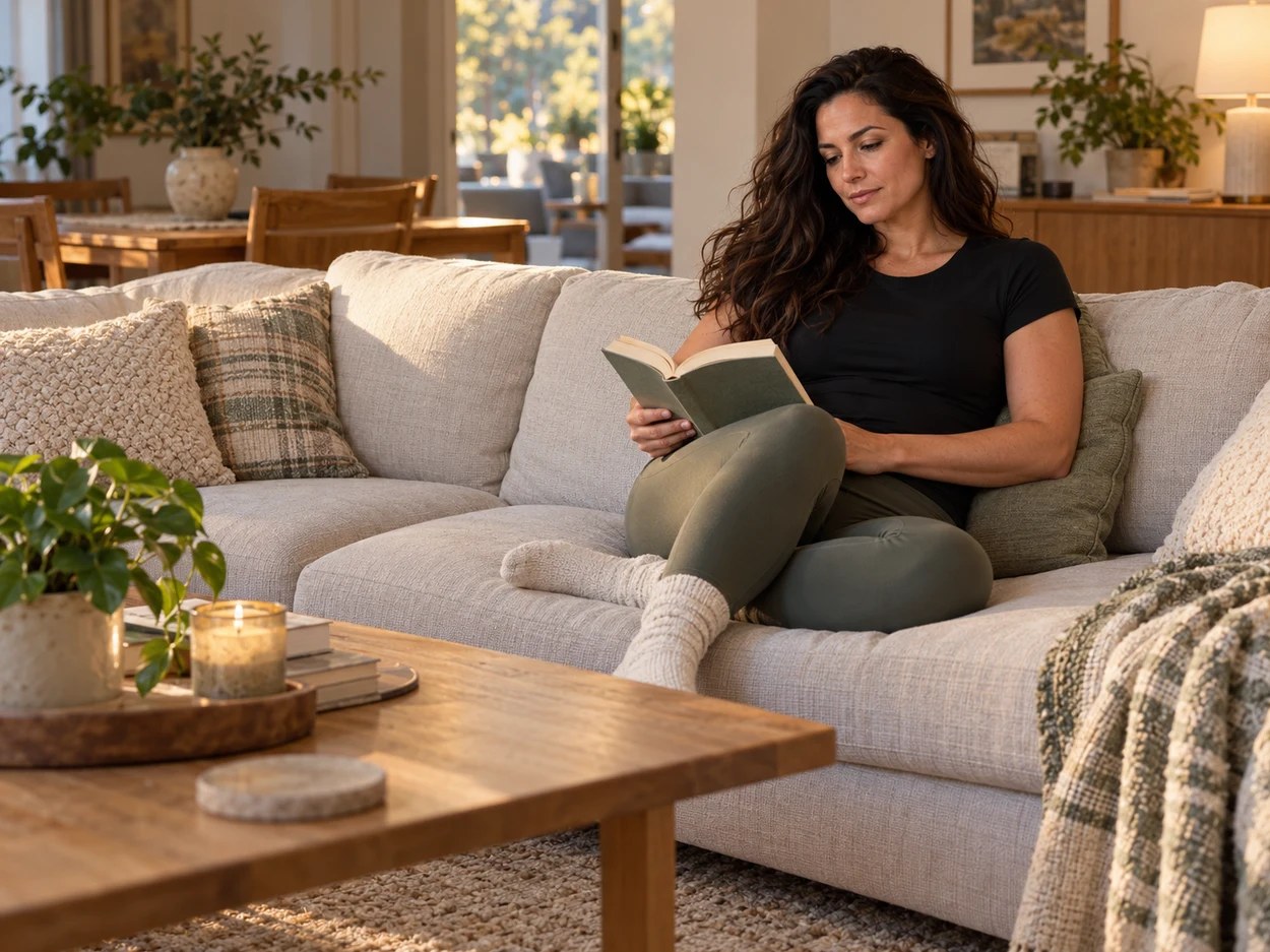 A woman settled into her sofa with a book during a quiet evening at home