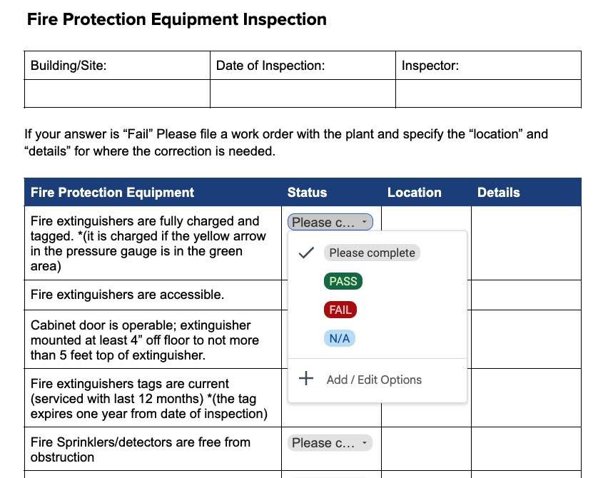  Fire Protection Equipment Inspection Template