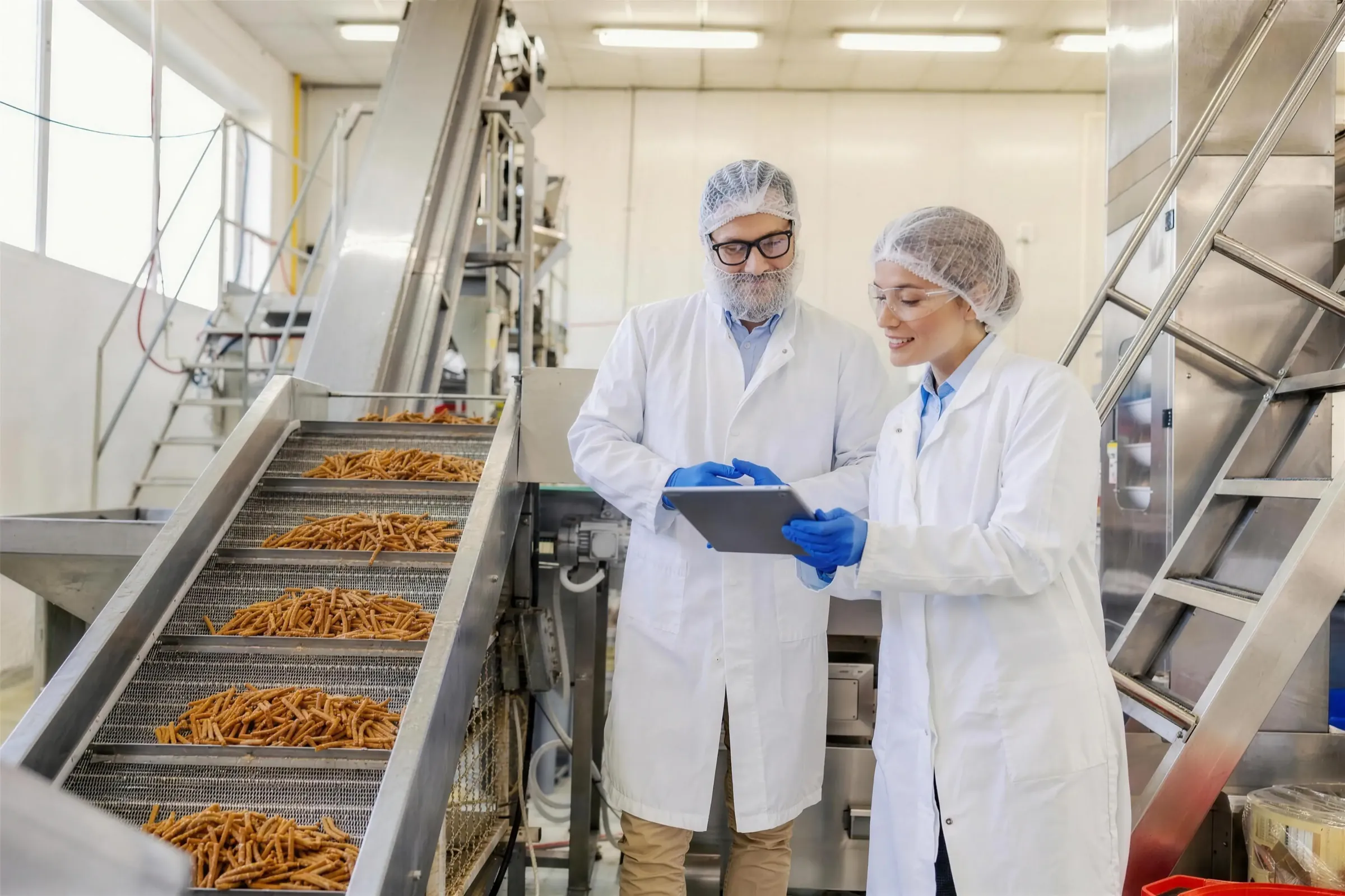 Two plant workers reviewing a record on a tablet beside a snack production line