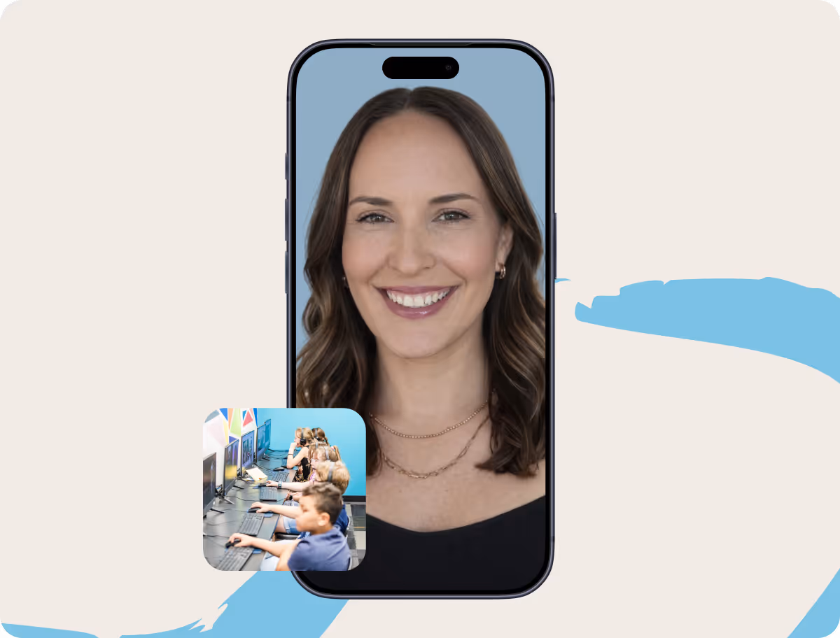Smartphone displaying a woman with brown hair smiling, with a smaller inset image of children working on computers in a classroom.