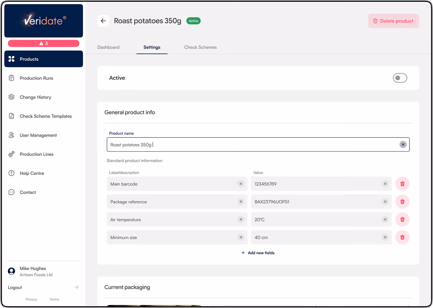 User interface screen for editing product settings of roast potatoes 350g showing product name, barcode, package reference, air temperature, and minimum size fields.
