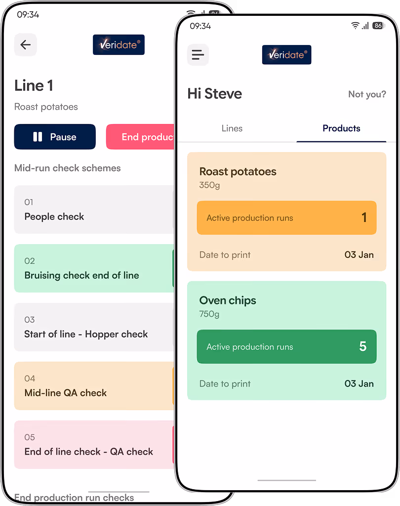 Two smartphone screens showing a production tracking with mid-run check schemes and active production runs for roast potatoes and oven chips.