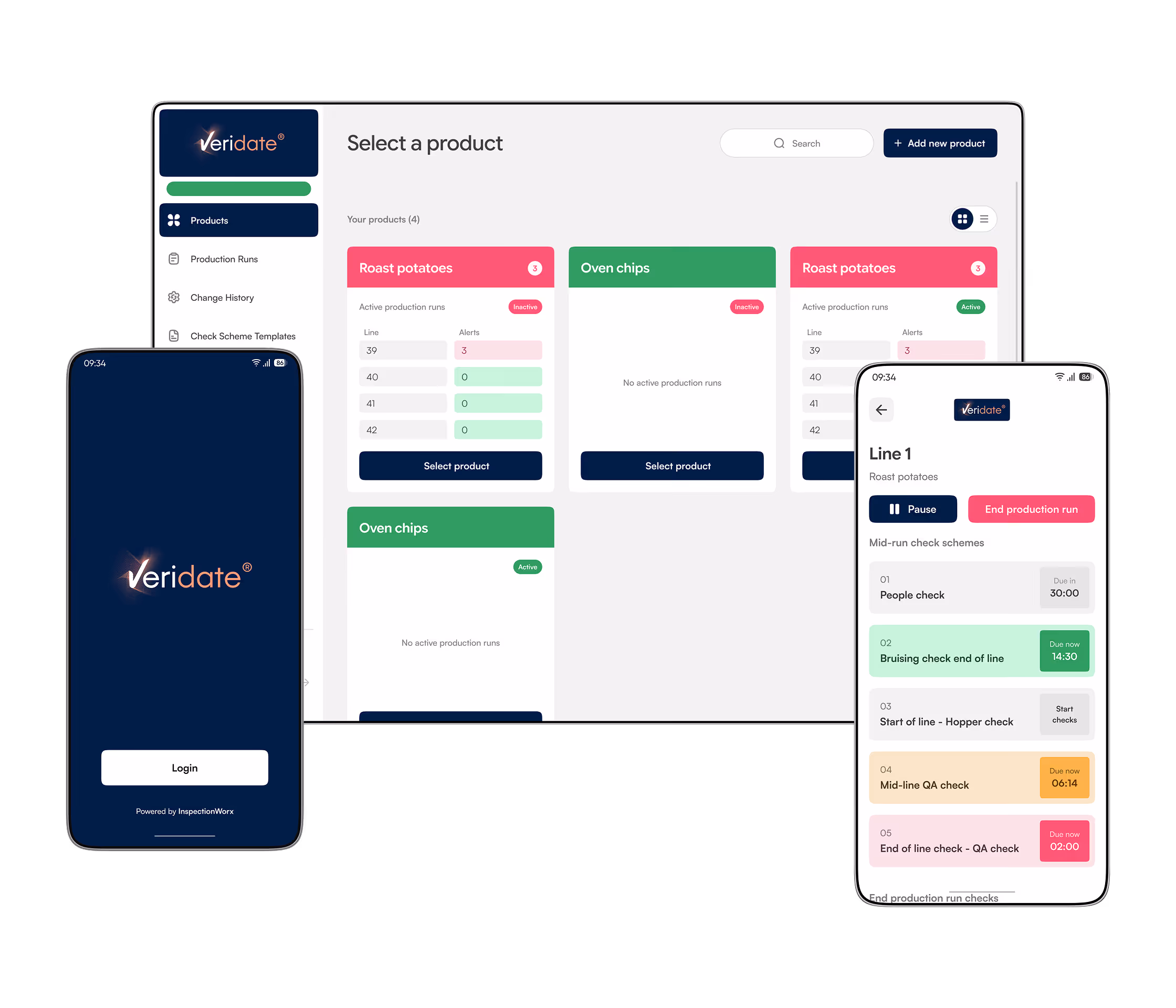 Screens showing Veridate software interface with product selection and production run alerts on tablet and smartphone displays, including login and production check details.