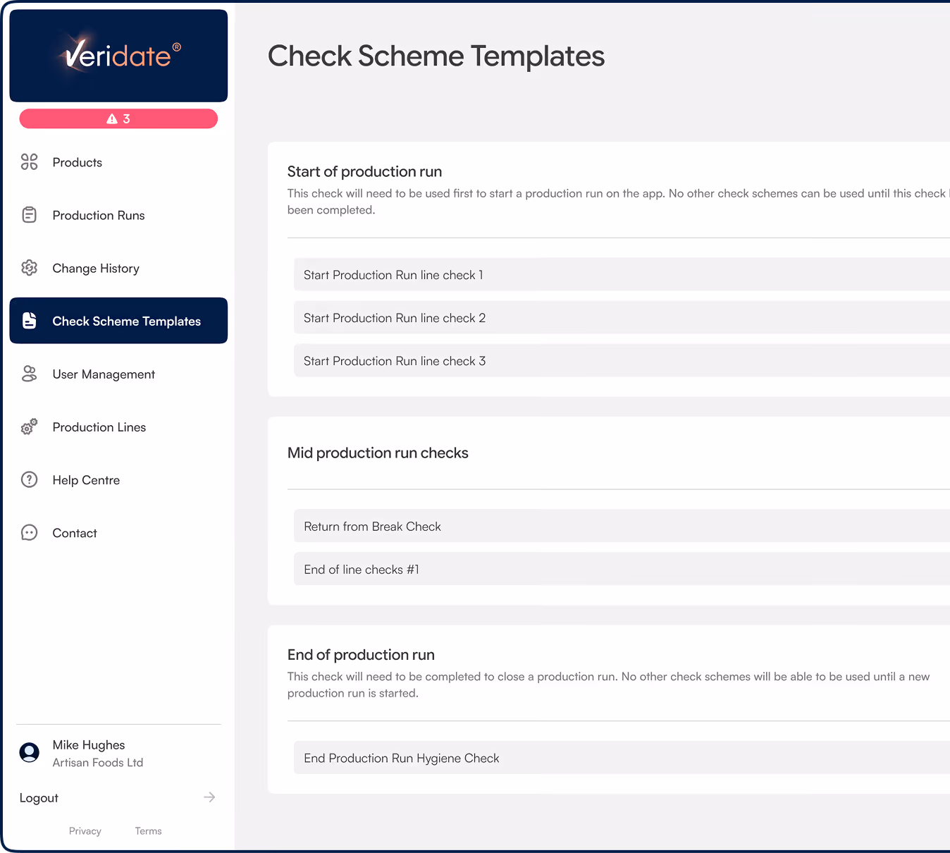 App interface showing check scheme templates for production runs including start, mid, and end run checks.