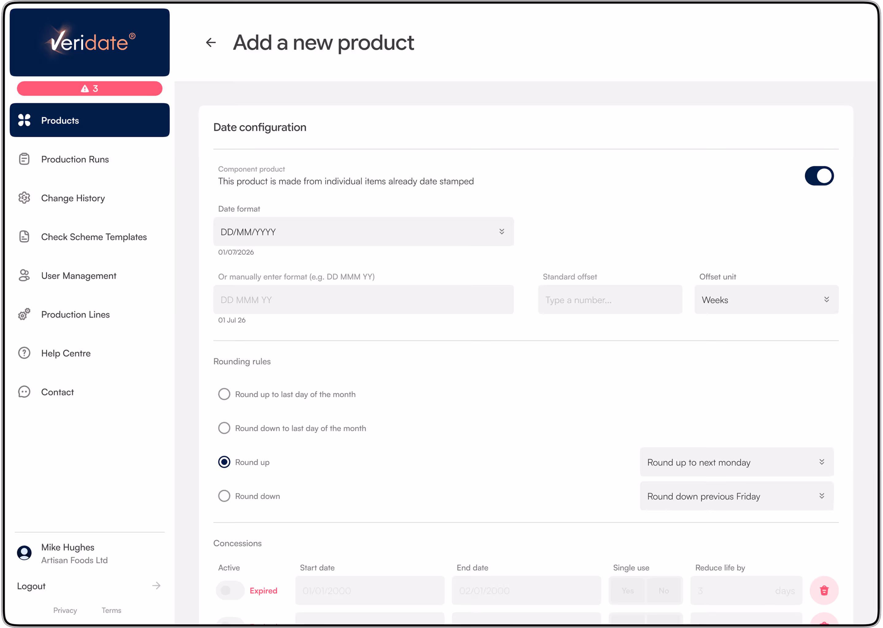 Product date configuration screen with options for date format, rounding rules, and concessions, showing an active toggle for component product and selections for rounding up dates.