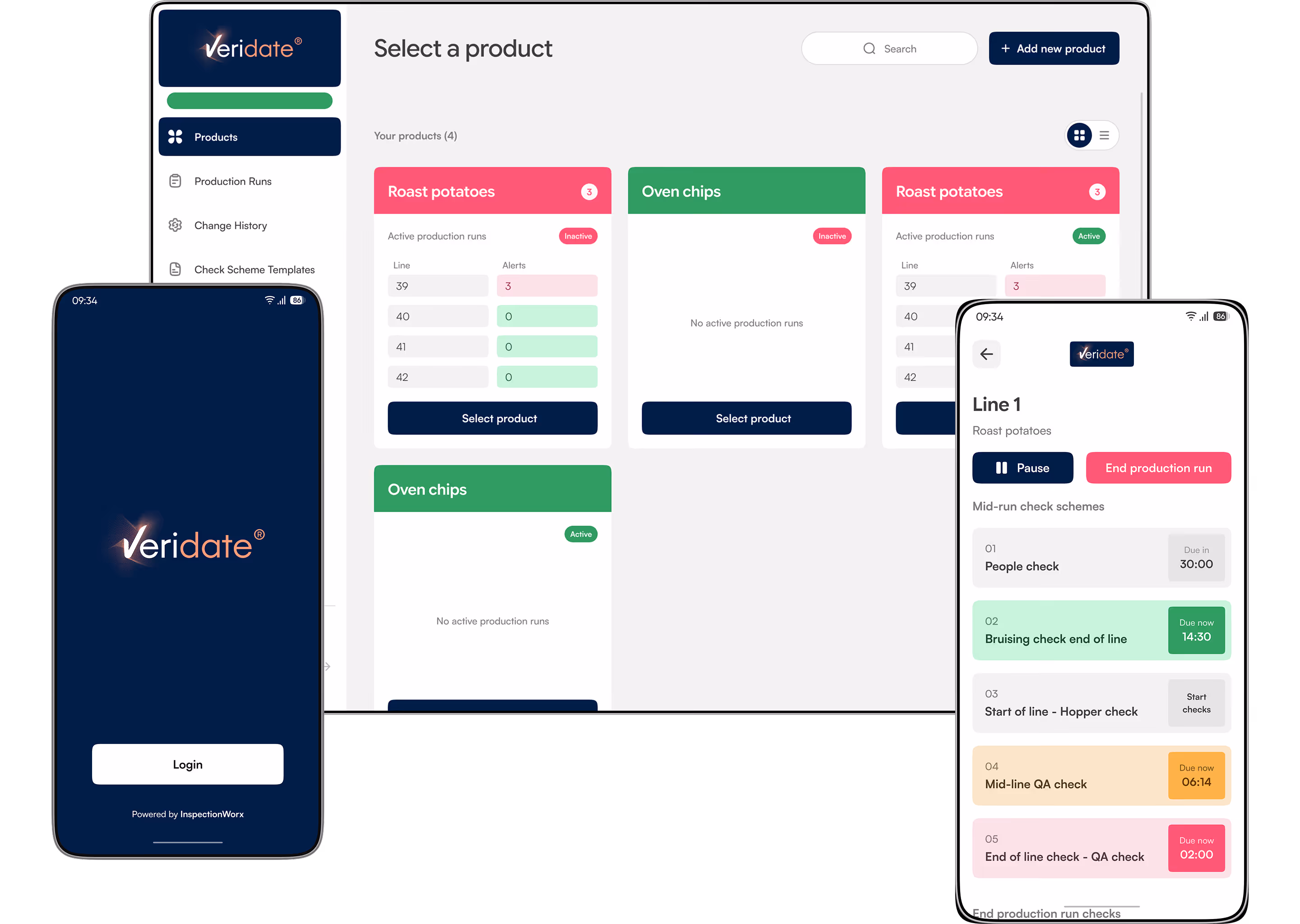 Three devices displaying Veridate app interfaces: a login screen on a smartphone, a product selection dashboard showing roast potatoes and oven chips with production line statuses, and a detailed production line screen with mid-run check schemes and action buttons.