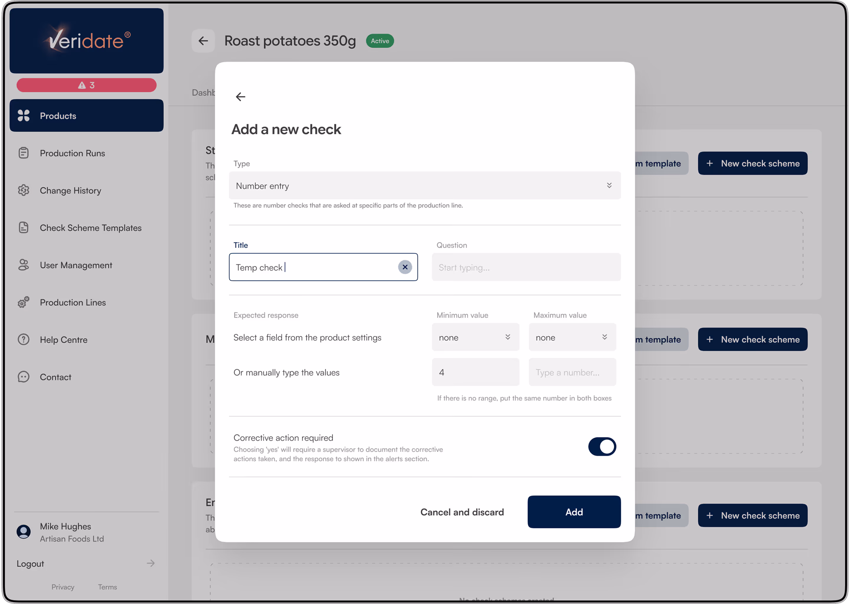 User interface for adding a new number entry check titled 'Temp check' with minimum value set to 4 and corrective action required toggle enabled.