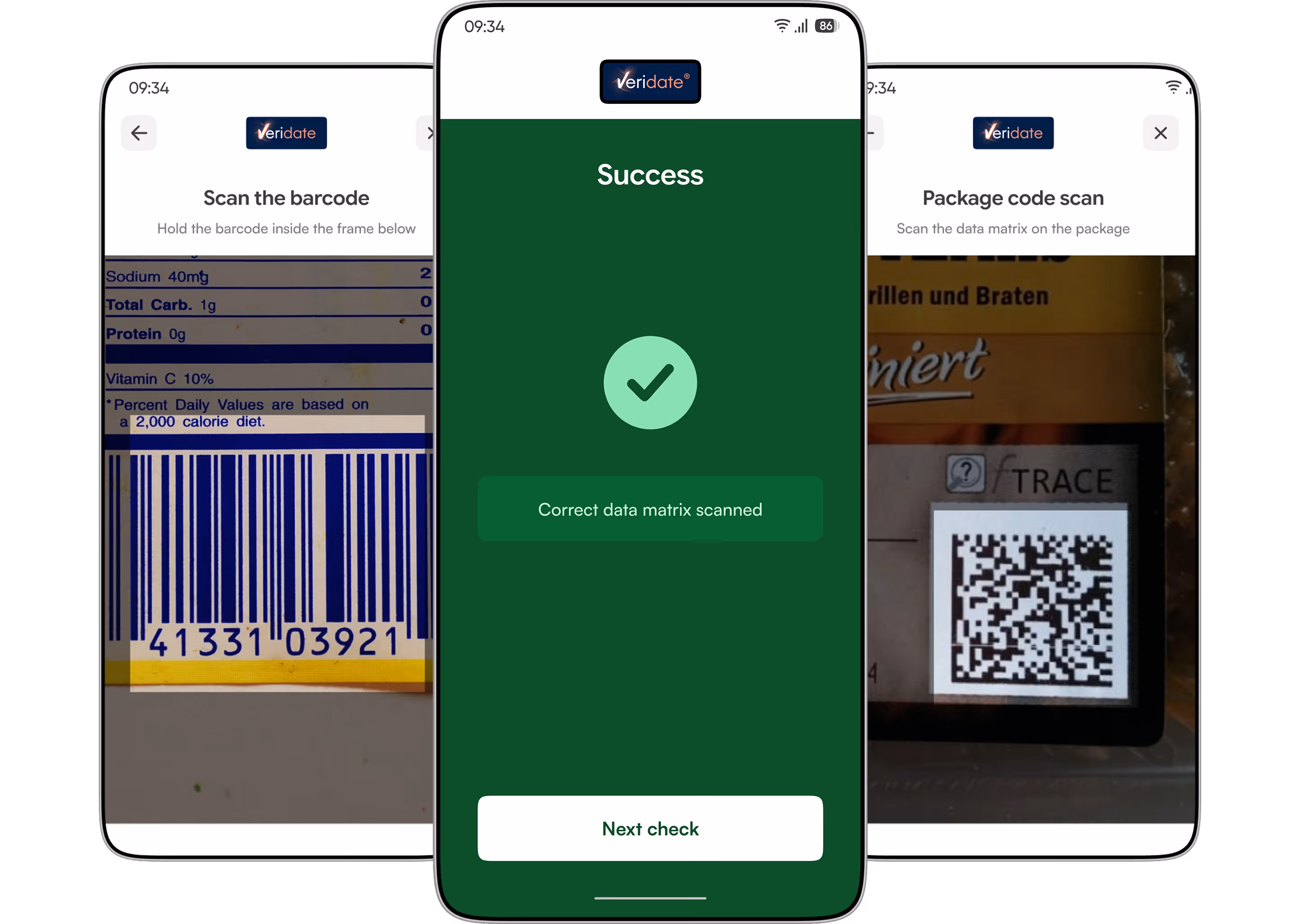 Three smartphone screens showing a barcode scan on the left, a success confirmation with a green check mark in the center, and a package data matrix scan on the right.