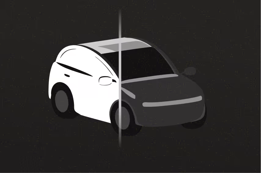 Illustration of a car split into two halves, one white and one black, divided by a vertical line.