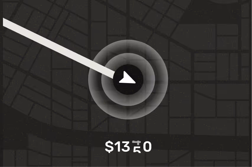 Stylized black and white map with a white navigation arrow at the center and a dollar amount of $13.50 below it.