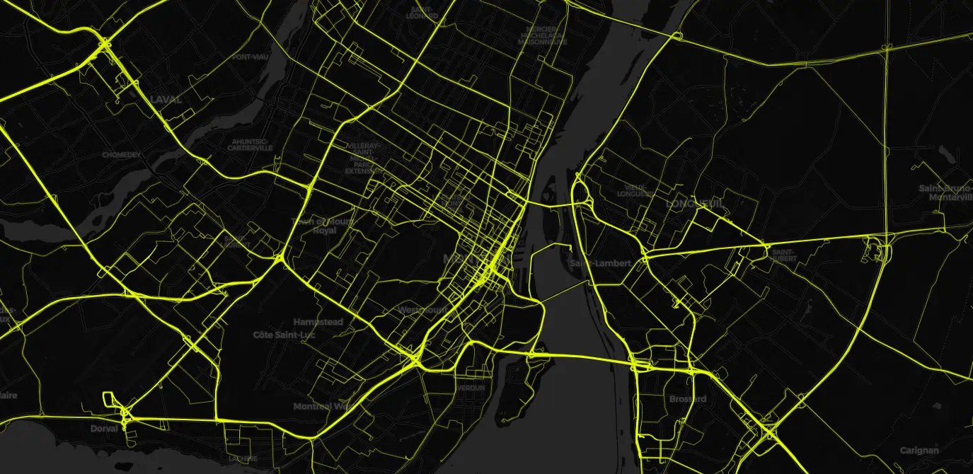 Heatmap of vehicle routes in Montreal