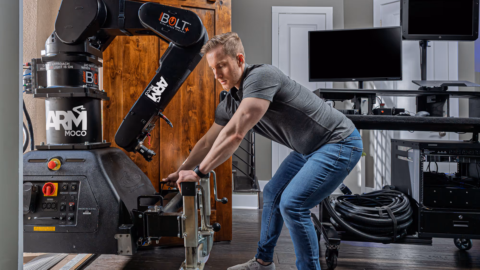 A Bolt Cinebot being rolled into a Texas home