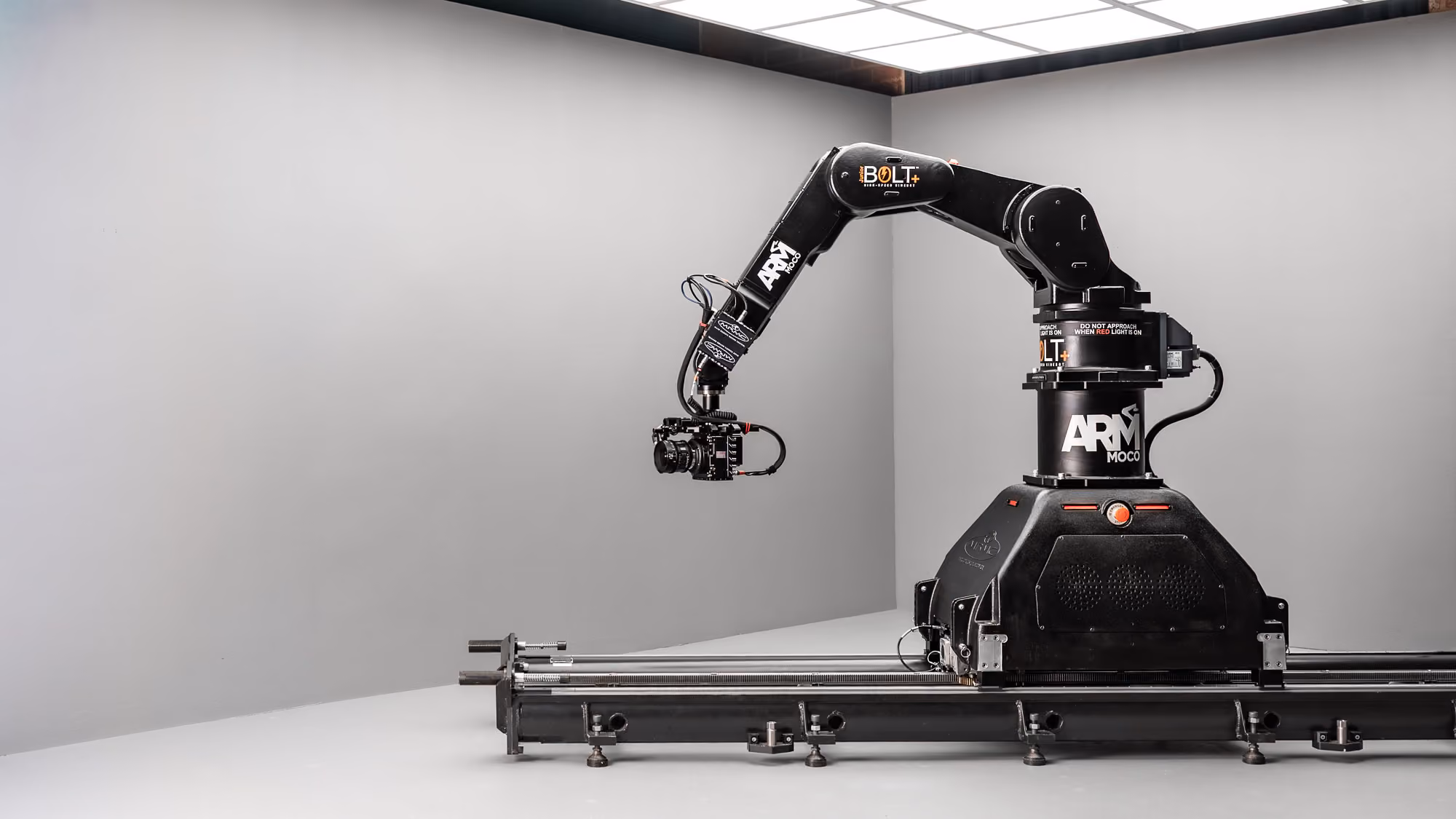 A Phantom VEO 4K Slow Motion camera attached to a Mark Roberts Motion Control Bolt Jr+ high speed cinema robot
