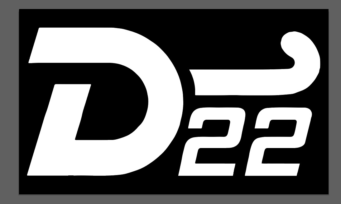 White stylized letter D with number 22 on black background.