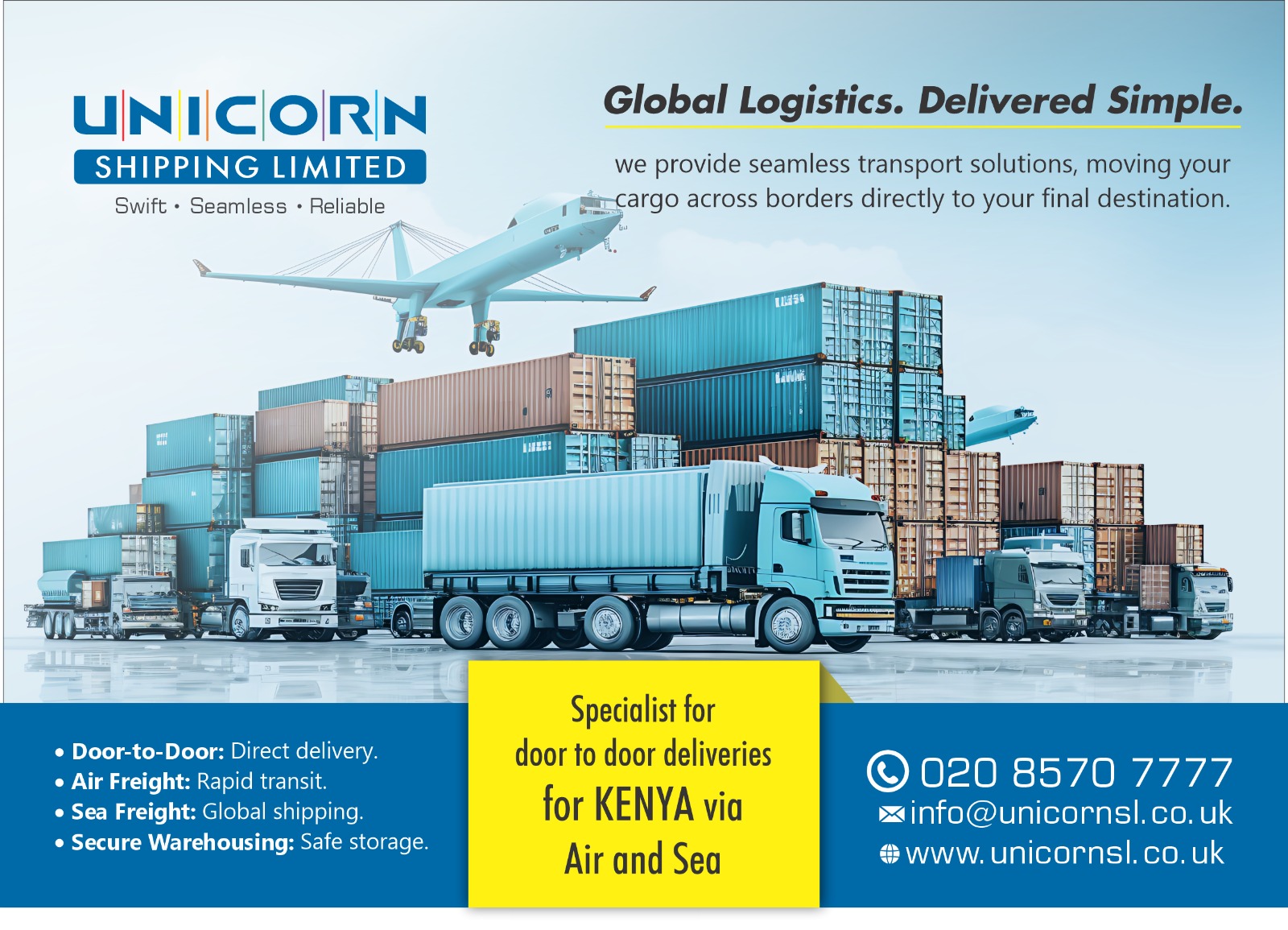 Unicorn Shipping Limited advertisement featuring stacked shipping containers, cargo trucks, and airplanes with contact details and service highlights for door-to-door deliveries to Kenya.