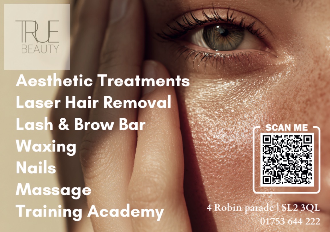 Close-up of a person's face with hand near eye, text listing aesthetic treatments, laser hair removal, lash and brow bar, waxing, nails, massage, training academy, and contact details with a QR code.