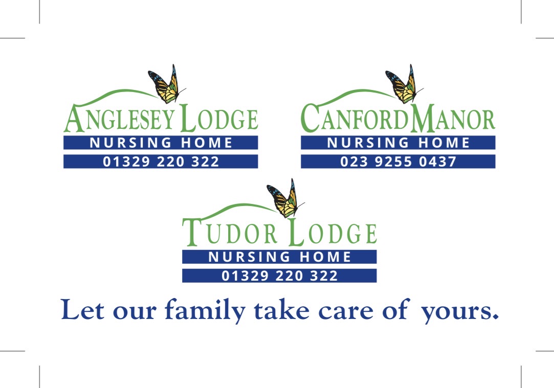Logos of Anglesey Lodge, Canford Manor, and Tudor Lodge nursing homes with contact numbers and a butterfly graphic, captioned 'Let our family take care of yours.'