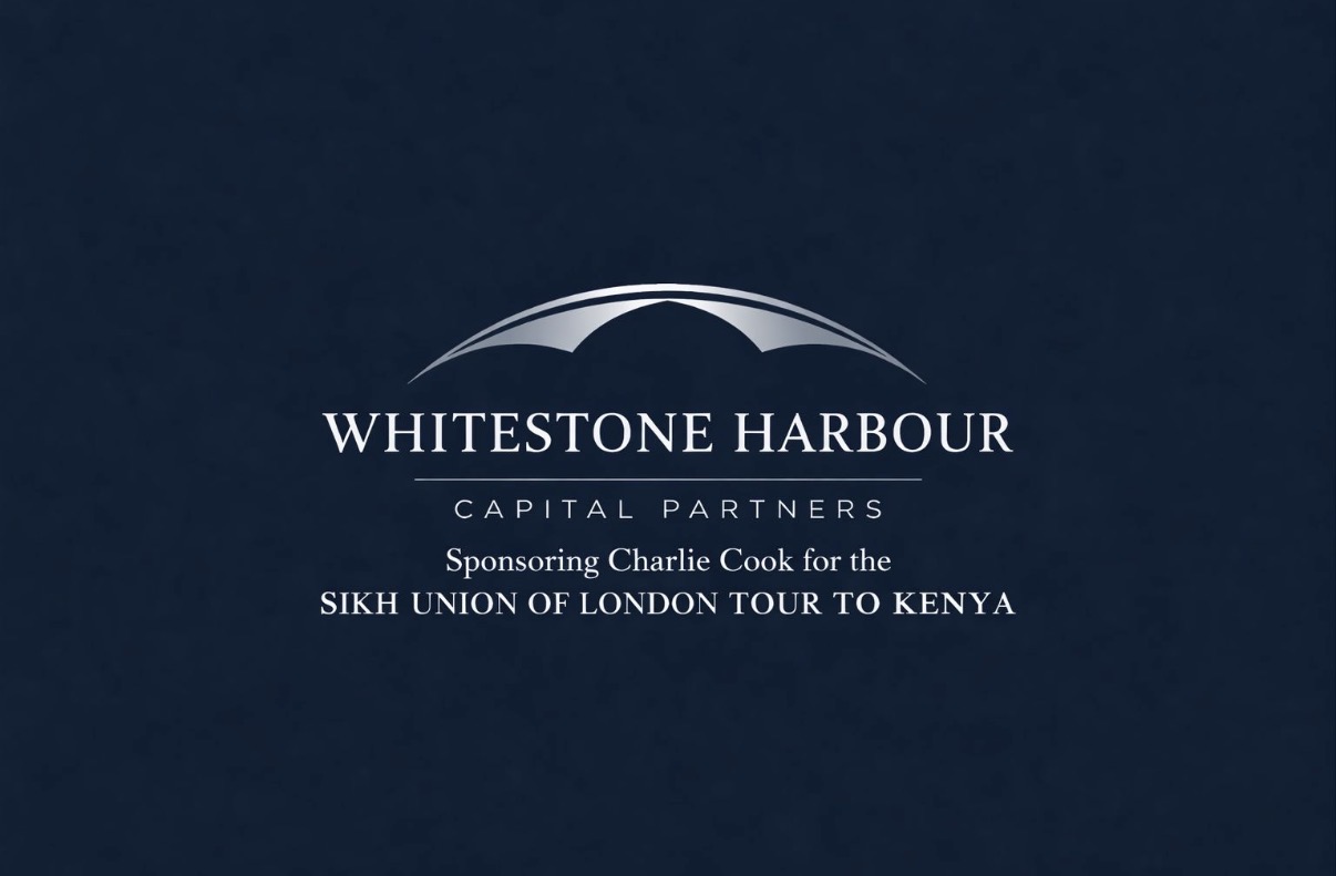 Whitestone Harbour Capital Partners logo with sponsorship text for Charlie Cook for the Sikh Union of London tour to Kenya.