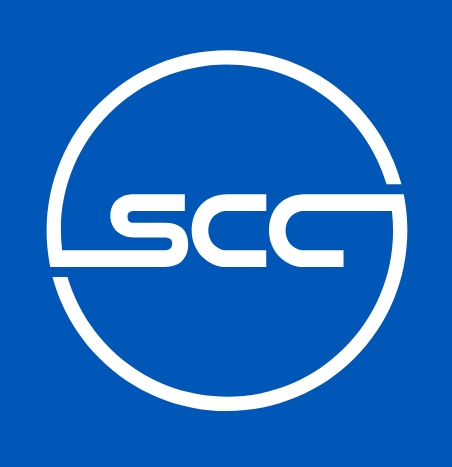 SCC company logo with white letters inside a white circular outline on a blue background.
