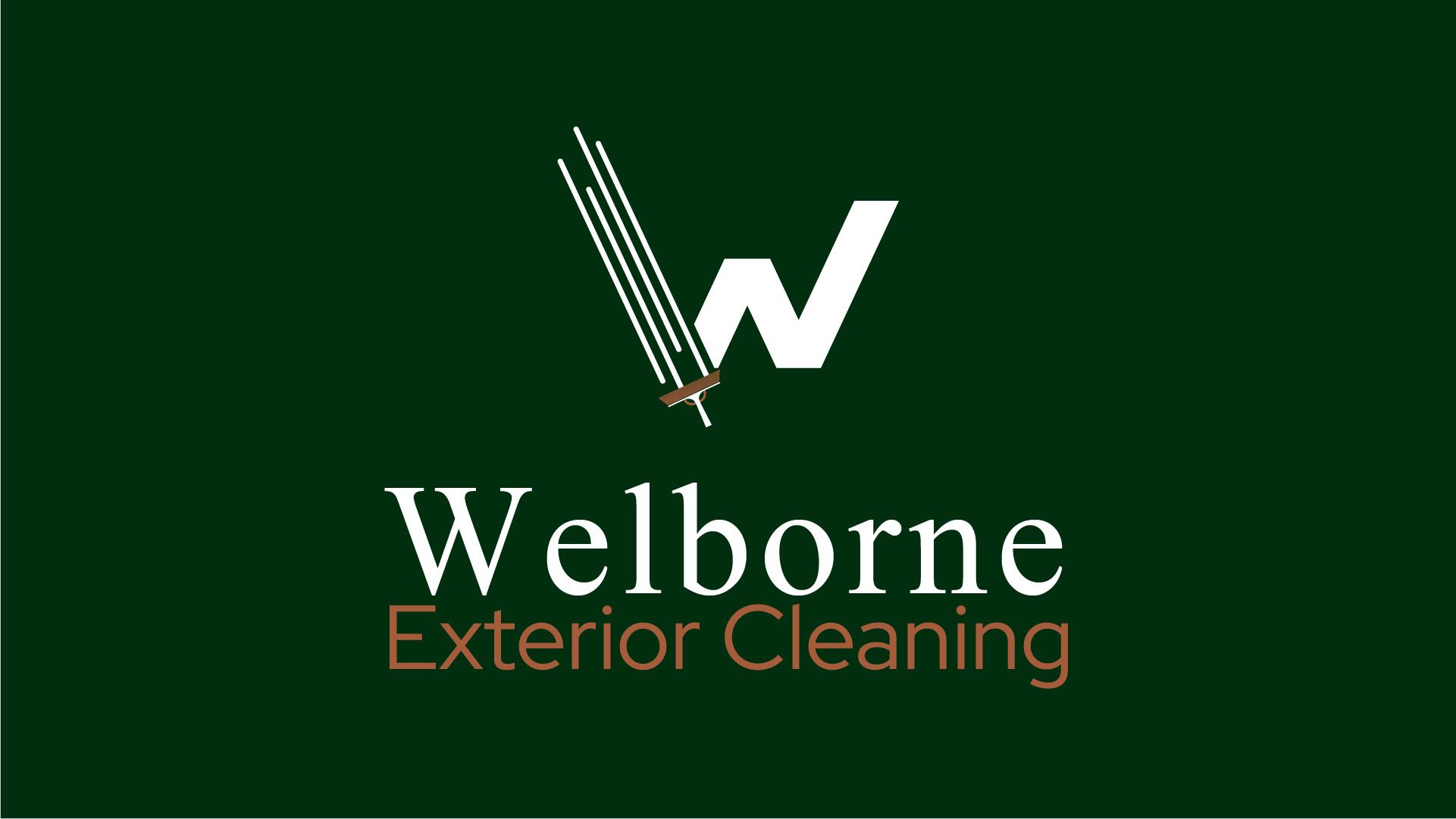 Welborne Exterior Cleaning logo with a stylized letter W and a squeegee on a dark green background.