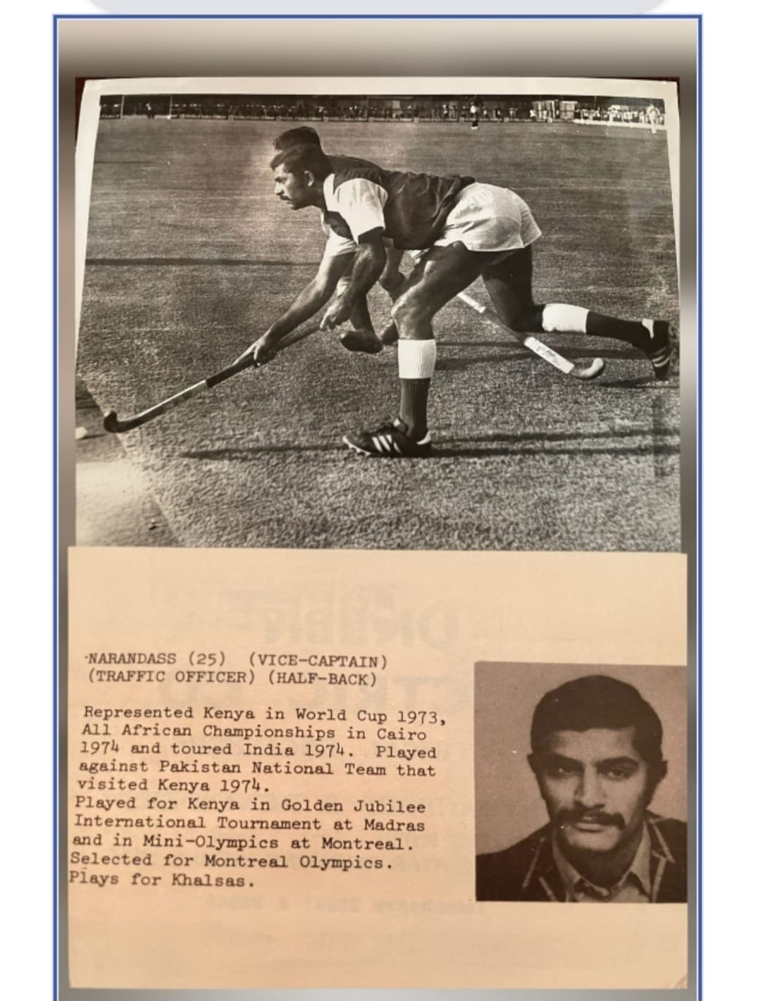 Black and white photo of hockey player Narandass in action on the field, alongside a typed biography detailing his representation of Kenya in international tournaments and his role as vice-captain, traffic officer, and half-back.