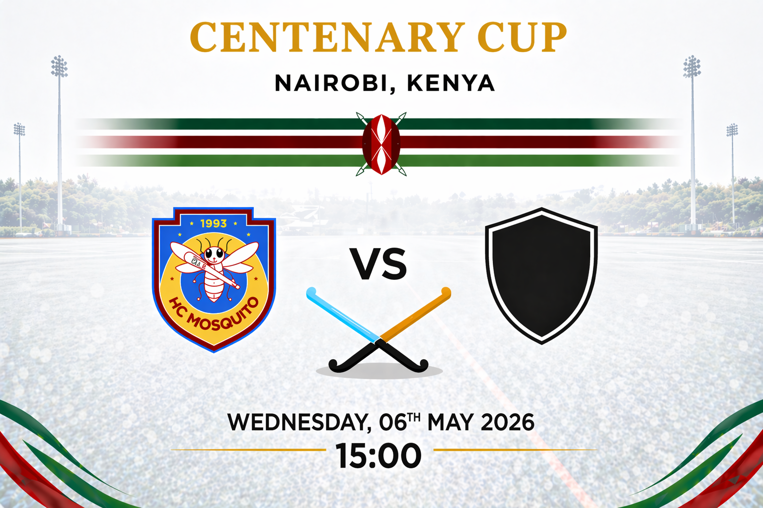 Centenary Cup Nairobi Kenya field hockey match announcement featuring Sikh Union London and a TBD team with crossed hockey sticks and date to be announced.