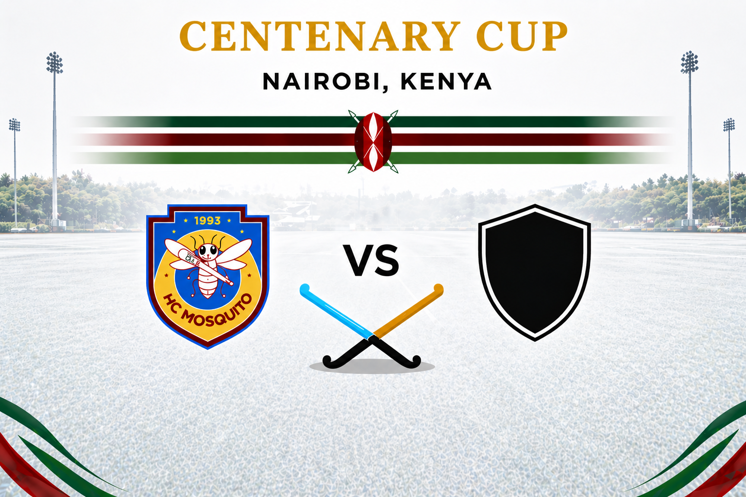 Centenary Cup Nairobi Kenya hockey match announcement featuring HC Mosquito team logo versus TBD with two crossed hockey sticks and date to be announced text.
