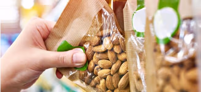 Hand taking package of nuts off the shelf